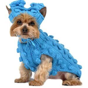 Turquoise Bobble Knit Dog Sweater with Matching Hat Size 14